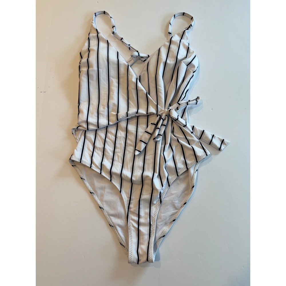 CUPSHE Womens White Black Striped Wrap Tie Front‎ One Piece Swimsuit Size S